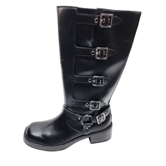 Wild Table Black Leather Knee-High Boot Side Buckles Zipper Closure Women SZ 10 - Picture 1 of 7